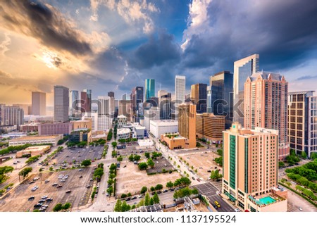 Houston, Texas, USA downtown city skyline viewed from above in the late afternoon.