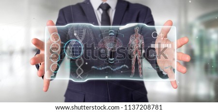 View of a Businessman holding a Futuristic template interface hud