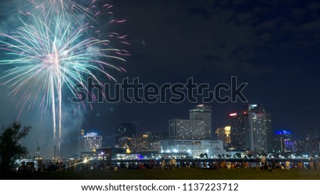 Fourth of July 2018 Fireworks show in New Orleans, LA with the city skyline in the background across the Mississippi River.