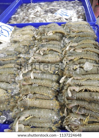 Several crayfish in a bowl prepared for sale. The sign is priced at 150 baht ( Thailand ) per kilogram. The top of the picture is the squid. 