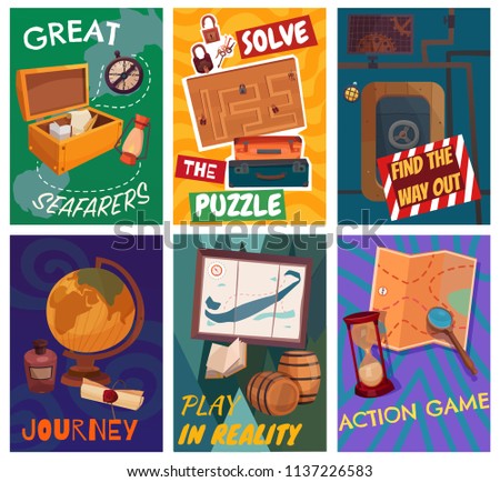 Quest game reality cards set, solving puzzle, find way out, journey, great seafarers isolated vector illustration