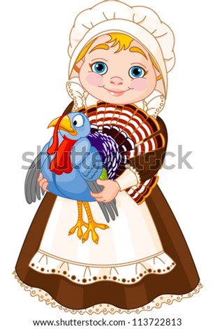 Illustration of cute Pilgrim lady with  turkey
