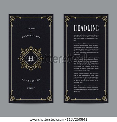 Vintage flyer design with gold abstract frame and crest. Template for invitation, brochure, menu, poster and other ads. 