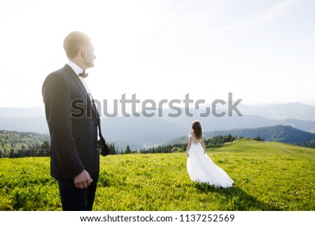 Wedding couple. Beautiful wedding couple in the mountains.