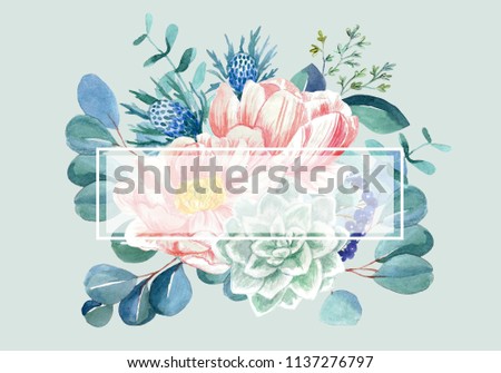 Hand painted watercolor peonies, eucalyptus, thistle and succulent bouquet. Concept for postcard, poster, greeting card, invitations and wedding stationery design.