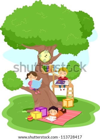 Illustration of Kids Reading in a Treehouse