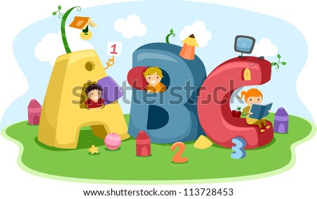 Illustration of Kids Playing with Letter-Shaped Playhouses Royalty-Free Stock Photo #113728453