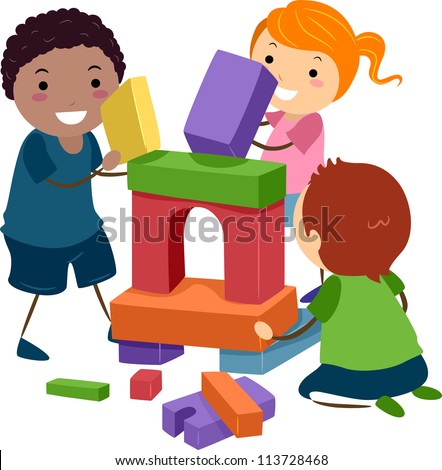 Illustration of Stick Kids Playing with Building Blocks