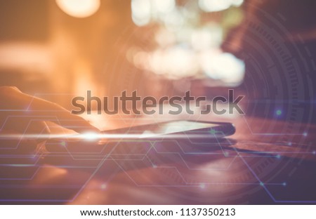 Woman hand using smartphone or tablet to do trading stock forex market with cafe bokeh technology vintage color tone background.Business financial success concept with currency icon double expose.