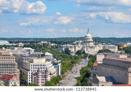 Washington DC - Aerial view of Pennsylvania street with federal buildings including US Archives building, Department of Justice and US Capitol Royalty-Free Stock Photo #113738845