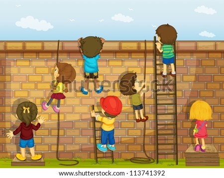 illustration of kids climbing on a brick wall