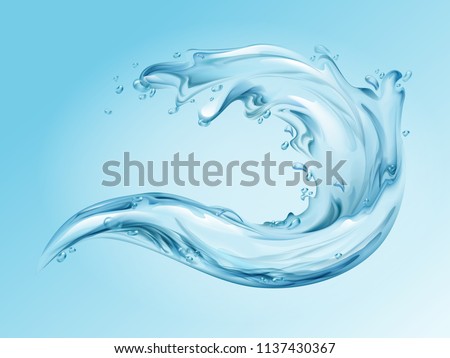 Water splash realistic vector illustration of 3d water wave with blue clear transparent effect of pure splashing drops. Template for mineral drinking water or moisturizer cosmetic package design Royalty-Free Stock Photo #1137430367