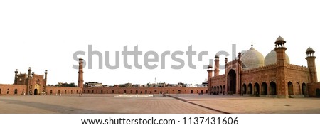 Lahore, Pakistan of Badshahi masjid which the mosque's prayer hall located in Punjab. The mosque is located west of Lahore Fort along the outskirts of the Walled City with panorama view. Royalty-Free Stock Photo #1137431606