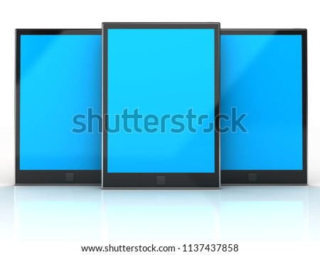 Tablet pc touch computer gadget with blue screen on an isolated background. 3d image renderer