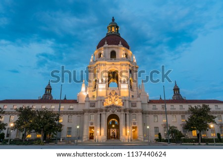 Night view of the famous Pasadena City Hall at Los Angeles County, California Royalty-Free Stock Photo #1137440624