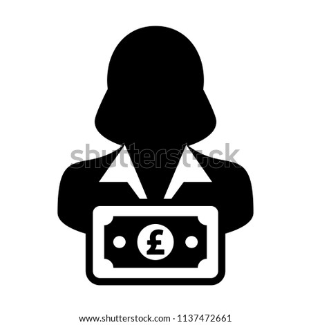 Money icon vector female user person profile avatar with Pound sign currency symbol for banking and finance business in flat color glyph pictogram illustration

