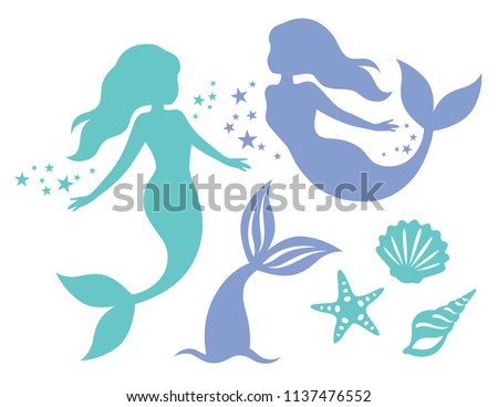 Silhouette of swimming mermaids, mermaid tail, shells and starfish vector illustration.
 Royalty-Free Stock Photo #1137476552