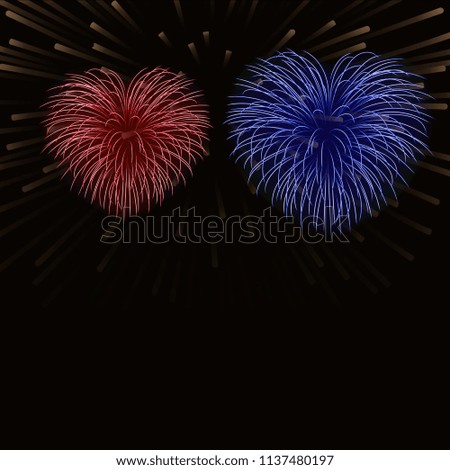 Beautiful heart-fireworks background card. Bright romantic couple fireworks. Isolated black background. Light love salute for Valentine Day celebration. Symbol wedding. Vector illustration