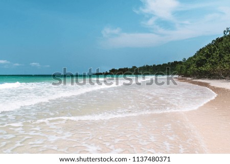 Sea with a white sand beach. Aerial view from above. Sea waves. Sand beach aerial, top view of a beautiful sandy beach aerial shot with the blue waves rolling into the shore. Soft wave of the sea