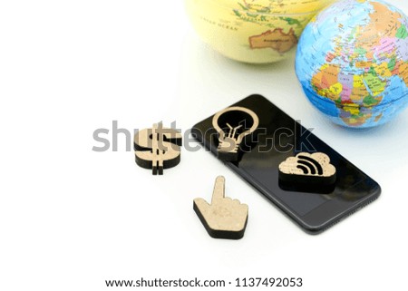 Smart phone with sign of lamp idea, gear, graph and dollar  and world map,Business communication concept.