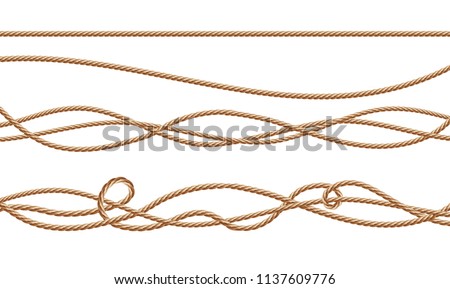Vector 3d realistic fiber ropes - straight and tied up. Jute or hemp twisted cords with loops isolated on white background. Decorative elements with brown packthread. Royalty-Free Stock Photo #1137609776