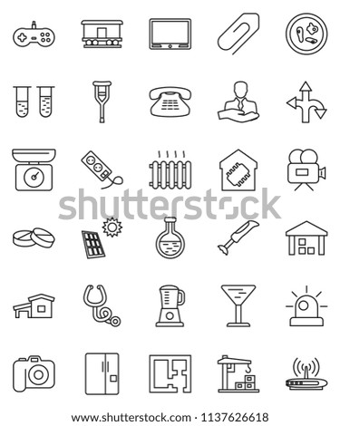 thin line vector icon set - route vector, client, glass, warehouse, Railway carriage, camera, video, classic phone, flask, vial, crutches, stethoscope, pills, microbs, attachment, cottage, plan, tv
