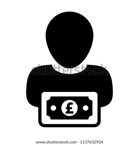 Revenue icon vector male user person profile avatar with Pound sign currency money symbol for banking and finance business in flat color glyph pictogram illustration