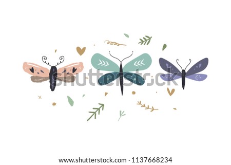 Vector image, clipart, editable details. Stylized butterflies set. Scandinavian design, modern style. Decor elements for your projects and other.