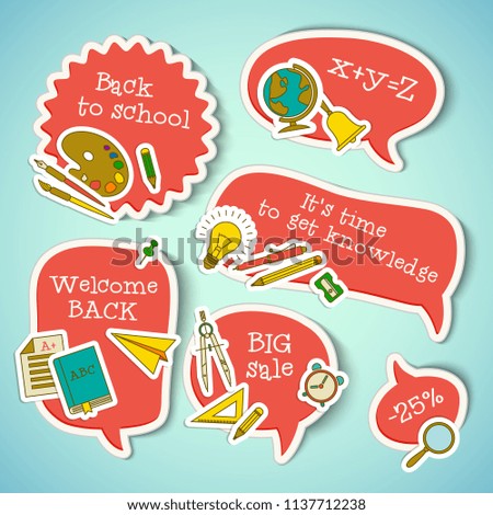 School education stickers collection with paper supplies on light blue background isolated vector illustration