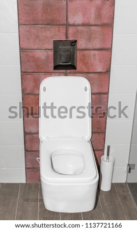 Toilet in the bathroom on the background of tiles. Close-up.