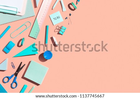 School stationery on a pink background. Back to school creative illustration, template. Royalty-Free Stock Photo #1137745667