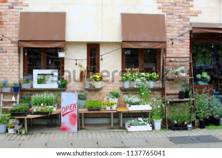 Store front of small florist shop and display of garden plants, blooming flowers, stylish home decorations with creative design and Open sign