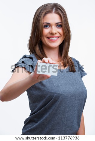 Smiling young  woman showing blank signboard, over white background isolated