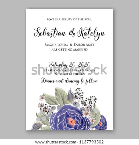 Wedding invitation design template blue roses ranunculus eucaliptus flowers and green leaves Floral bouquet decoration. Vector illustration. Bridal shower invitation baby shower 