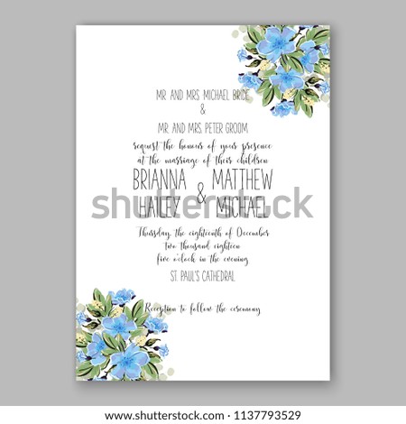 Wedding invitation design template blue sakura eucaliptus flowers and green leaves on white backround. Floral bouquet decoration. Vector illustration. Bridal shower invitation baby shower 