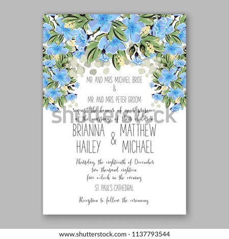 Wedding invitation design template blue sakura eucaliptus flowers and green leaves on white backround. Floral bouquet decoration. Vector illustration. Bridal shower invitation baby shower 