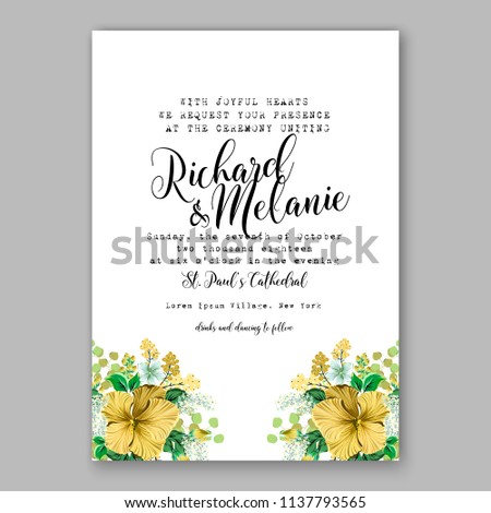 Wedding invitation design template yellow hibiscus eucaliptus flowers and green leaves on white backround. Floral bouquet decoration. Vector illustration. Bridal shower invitation baby shower 