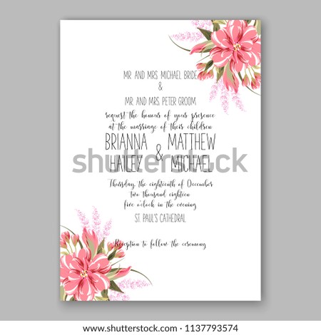 Wedding invitation design template pink chrysanthemum eucaliptus flowers and green leaves on white backround. Floral bouquet decoration. Vector illustration. Bridal shower invitation baby shower 