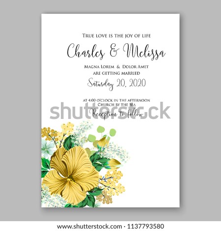 Wedding invitation design template yellow hibiscus eucaliptus flowers and green leaves on white backround. Floral bouquet decoration. Vector illustration. Bridal shower invitation baby shower 