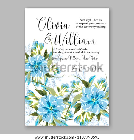 Wedding invitation design template blue chrysanthemum eucaliptus flowers and green leaves on white backround. Floral bouquet decoration. Vector illustration. Bridal shower invitation baby shower 