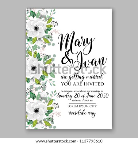 Wedding invitation design template white anemone peony eucaliptus flowers and green leaves on white backround. Floral bouquet decoration. Vector illustration. Bridal shower invitation baby shower 
