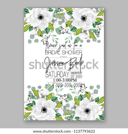 Wedding invitation design template white anemone peony eucaliptus flowers and green leaves on white backround. Floral bouquet decoration. Vector illustration. Bridal shower invitation baby shower 
