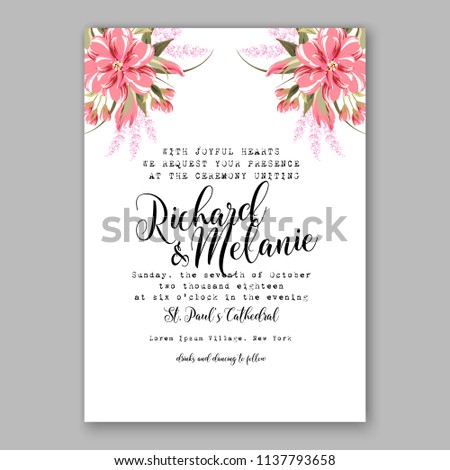 Wedding invitation design template pink chrysanthemum eucaliptus flowers and green leaves on white backround. Floral bouquet decoration. Vector illustration. Bridal shower invitation baby shower 
