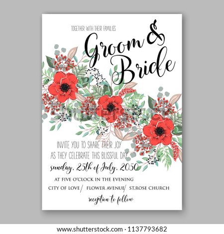 Wedding invitation design template red anemone peony eucaliptus flowers and green leaves on white backround. Floral bouquet decoration. Vector illustration. Bridal shower invitation baby shower 