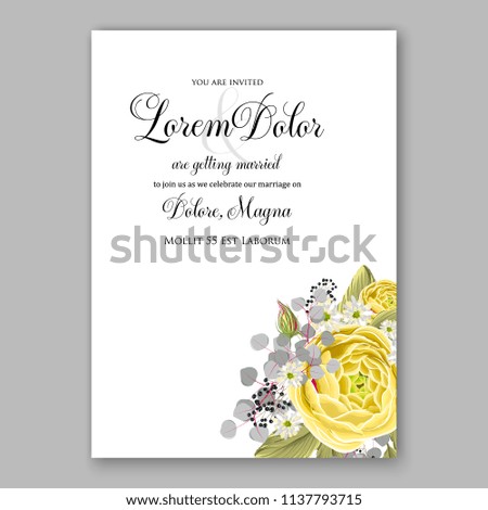 Wedding invitation design template yellow roses eucaliptus flowers and green leaves on white backround. Floral bouquet decoration. Vector illustration. Bridal shower invitation baby shower 