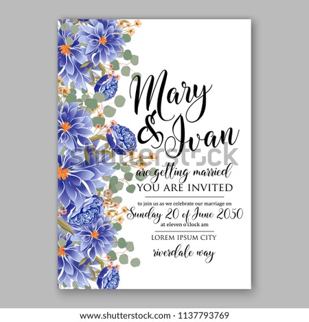 Wedding invitation design template blue soft chrysanthemum eucaliptus flowers and green leaves on white backround. Floral bouquet decoration. Vector illustration. Bridal shower invitation baby shower 