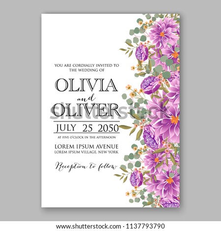 Wedding invitation design template purple chrysanthemum eucaliptus flowers and green leaves on white backround. Floral bouquet decoration. Vector illustration. Bridal shower invitation baby shower 