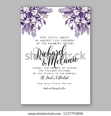 Wedding invitation design template violet ink chrysanthemum eucaliptus flowers and green leaves on white backround. Floral bouquet decoration. Vector illustration. Bridal shower invitation baby shower