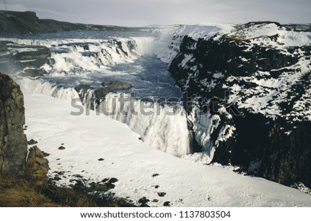 The powerful waters of the Gullfoss waterfall in Iceland. Winter 2017