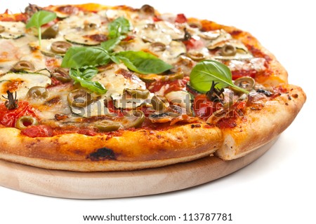  Healthy vegetables and mushrooms vegetarian pizza isolated on white background Royalty-Free Stock Photo #113787781
